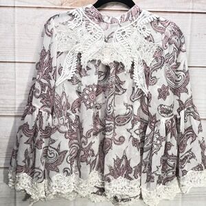 LOFT Paisley Lace Trim Blouse Mauve Pink White Boho Bell Sleeve Mock Neck Top M